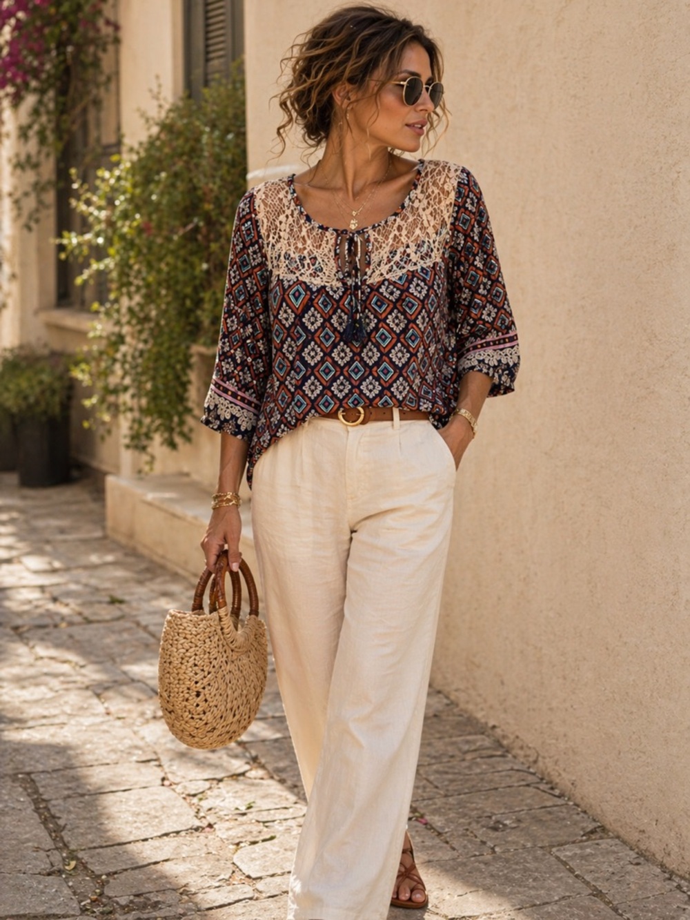 Bobeau Petite Boho Lace Trim Printed Blouse PS Boutique Peasant Top